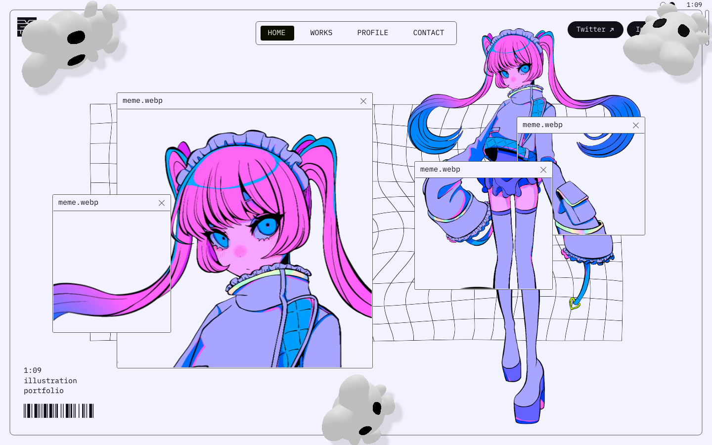 フリーのイラストレーターの1:09(いちき)です。東京を中心に活動、イベント出展多数。蛍光色とハッキリとした線のイラストを主に制作。ぬいぐるみやアパレル、グッズデザインなど幅広く活動しています。 · playful, maximalism, portfolio, creator, bento-grid, hero-fullbleed, logo-cloud