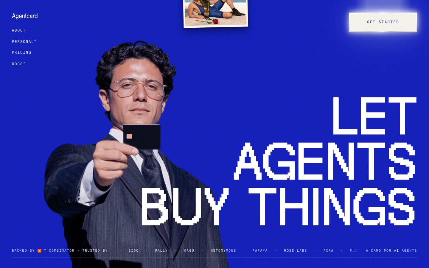 High-saturation cobalt blue background paired with oversized, pixelated white typography. The composition uses a surrealist photographic element to create a bold, ironic mood. · brutalist fintech hero, pixel typography, cobalt blue website, surrealist ai landing page, high contrast bold type
