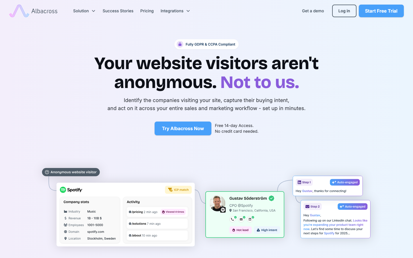 Engage leads visiting your website with personalized automated outreach. Identify companies, segment by buying intent, and auto-engage ready-to-buy prospects. · minimalism, swiss, editorial, saas, developer-tools, agency, hero-with-cta, feature-trio, logo-cloud, sticky-nav