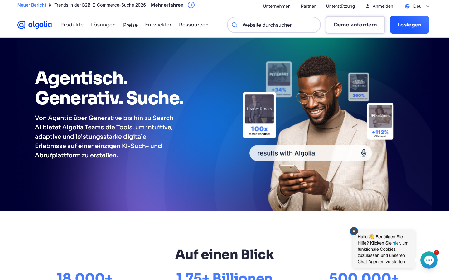 The page uses a dark, high-contrast palette with bold typography and geometric shapes. The layout is structured around distinct blocks of information, creating a sense of order and technical precision. The overall mood is serious and forward-thinking. · ai search, developer platform, saas interface, dark ui, tech website, generative ai, algolia features, product showcase