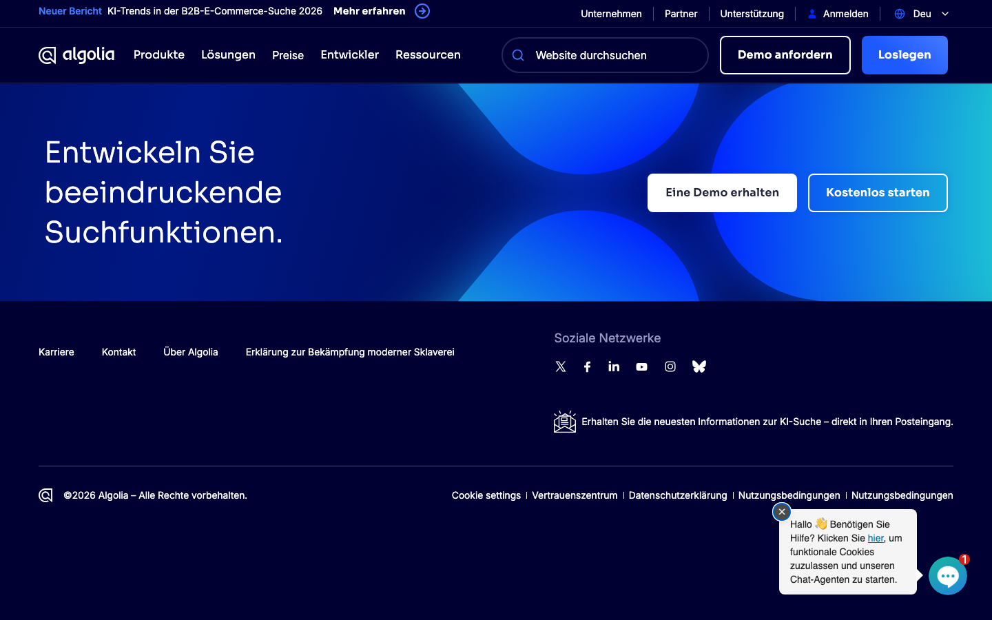 The page uses a dark, high-contrast palette with bold typography and geometric shapes. The layout is structured around distinct blocks of information, creating a sense of order and technical precision. The overall mood is serious and forward-thinking. · ai search, developer platform, saas interface, dark ui, tech website, generative ai, algolia features, product showcase