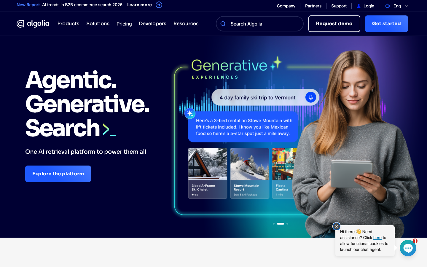 The page uses a dark, high-contrast palette with bold typography and geometric shapes. The layout is structured around distinct blocks of information, creating a sense of order and technical precision. The overall mood is serious and forward-thinking. · ai search, developer platform, saas interface, dark ui, tech website, generative ai, algolia features, product showcase