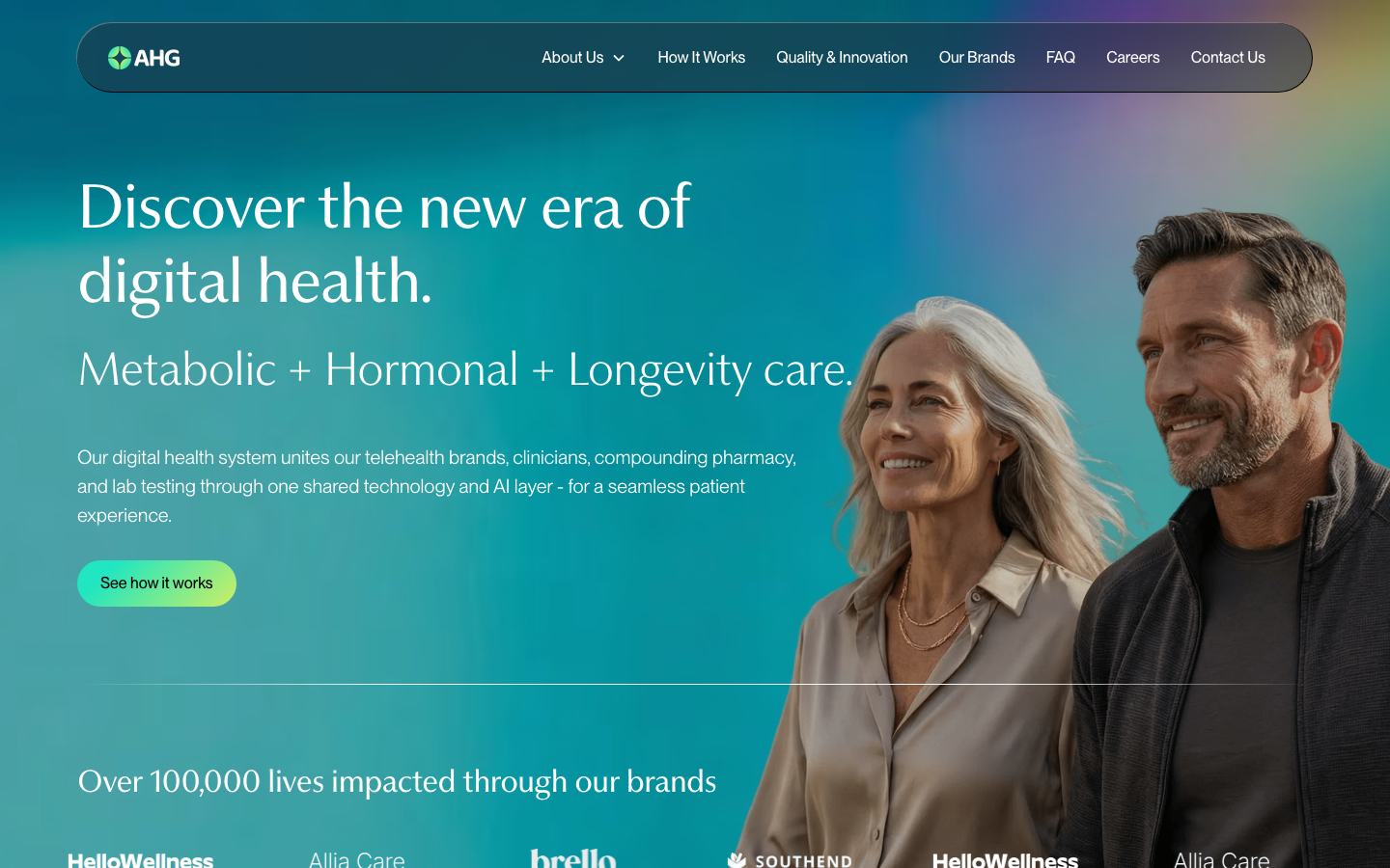 Our digital health system unites our telehealth brands, clinicians, compounding pharmacy, and lab testing through one shared technology and AI layer - for a seamless patient experience. · minimalism, editorial, health, hero-with-cta, logo-cloud, feature-trio
