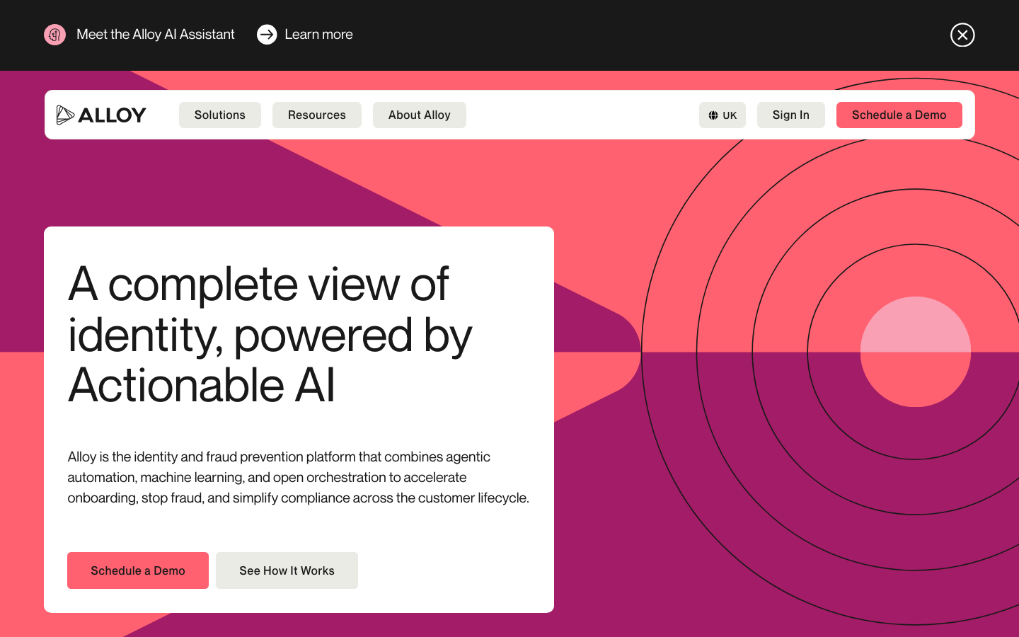 Alloy - The layout prioritizes a clean, spacious feel with a prominent hero section and clearly defined content blocks. The use of geometric shapes and a limited color palette contributes to a sense of precision and modern functionality.  ·  ai platform, identity management, fraud prevention, saas design, tech website, minimalist hero, gradient background