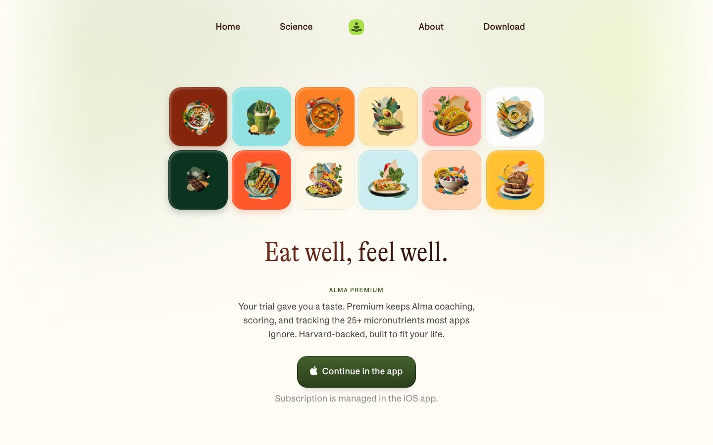 Soft, organic aesthetic featuring a grid of colorful food illustrations and elegant serif typography. The layout uses generous whitespace and a muted, warm color palette to evoke a sense of wellness. · wellness landing page, pastel food illustrations, serif hero typography, soft health app design, minimalist nutrition site