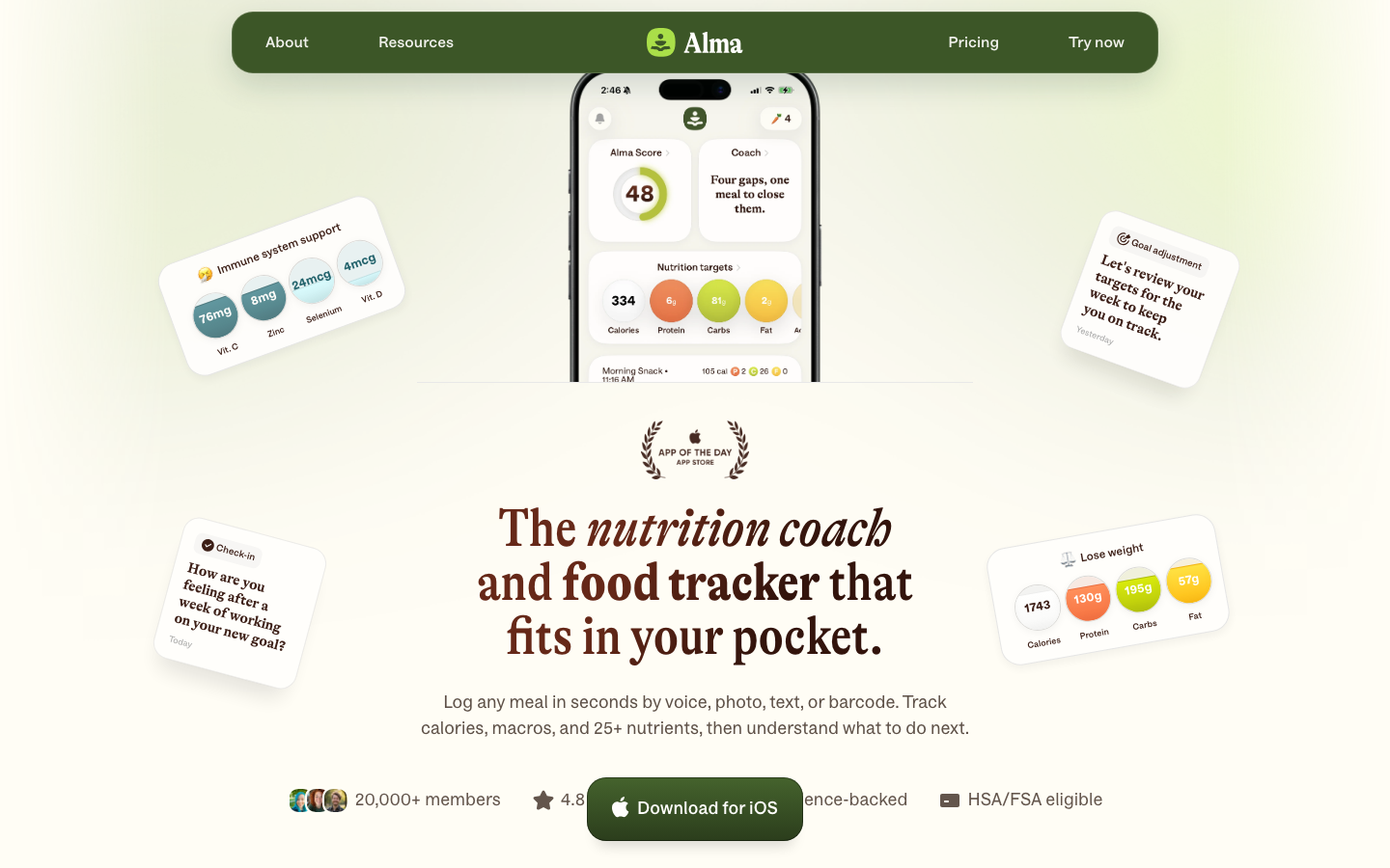A soft, organic layout featuring a central mobile mockup surrounded by floating UI cards. Uses a warm, earthy palette with a high-contrast serif headline for an editorial feel. · health app landing page, floating ui cards, earthy tones, serif headline, soft gradient hero, minimalist wellness design