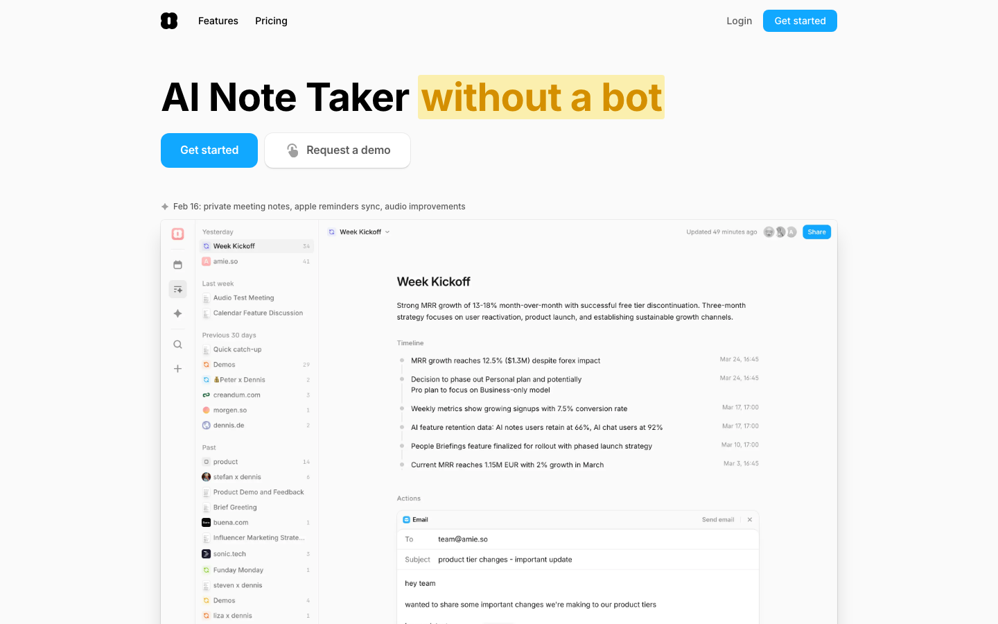 The page prioritizes a clean, functional layout with a focus on clear information hierarchy. Typography is crisp and legible, with a restrained color palette emphasizing dark tones and subtle highlights. The overall mood is professional and efficient. · dark saas dashboard, ai productivity, minimalist workspace, clean interface, developer tools, note taking app, workflow management