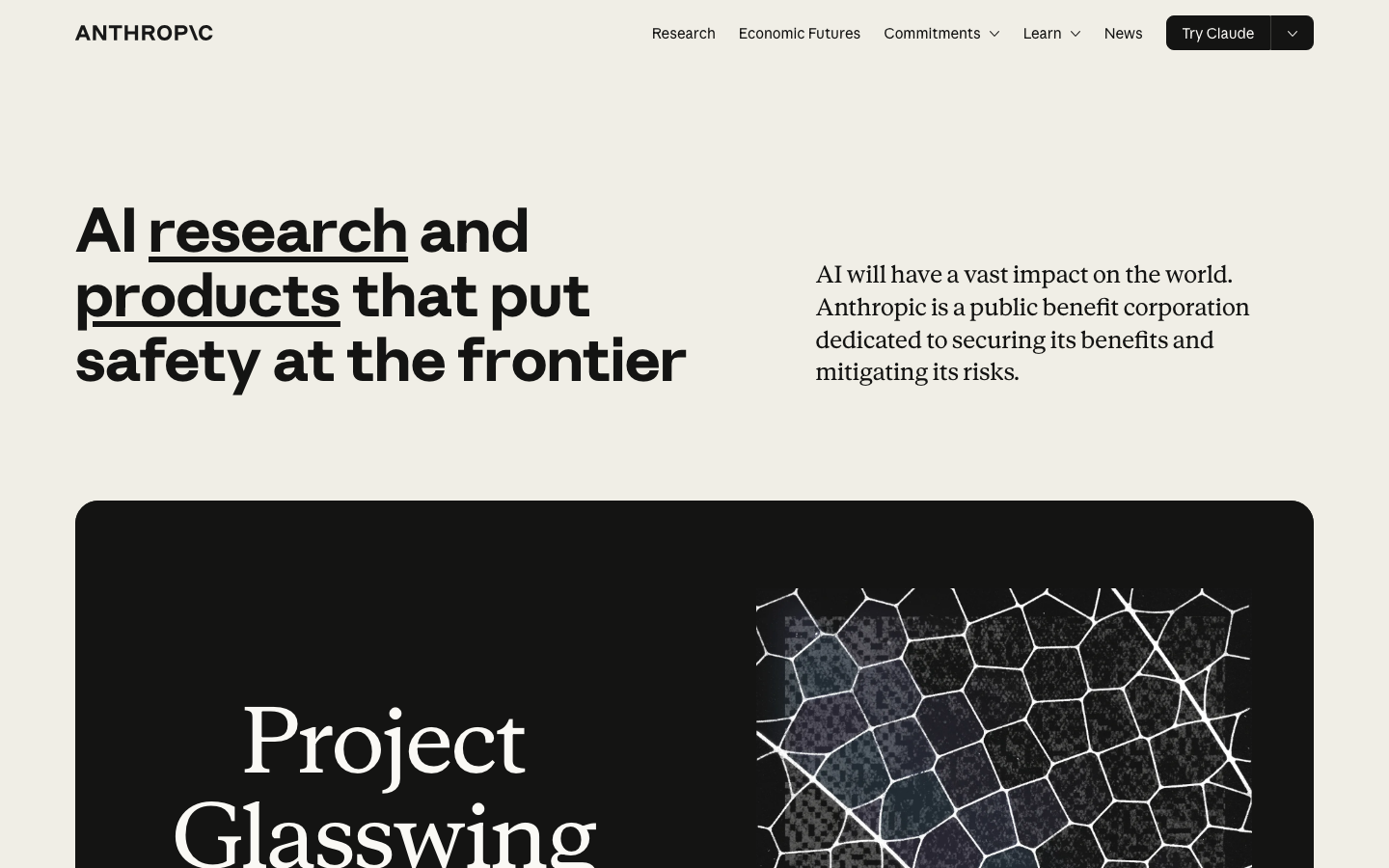 The page uses a stark black and white split to juxtapose a large, abstract geometric graphic with concise text. The overall feeling is precise and intellectual, prioritizing clarity and a sense of advanced technology. · ai research, anthropic design, technical website, split screen layout, dark website, minimalist ai, geometric pattern, futuristic design