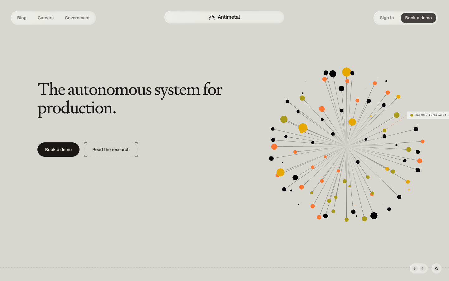 Built to make production run itself, Antimetal is the autonomous system for the stack. · minimalism, swiss, monochrome, brutalism, editorial, developer-tools, saas, ai, hero-fullbleed, logo-cloud, feature-trio, hero-with-cta