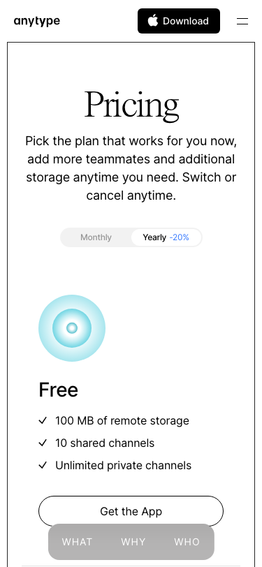 Anytype — Pricing - mobile full page