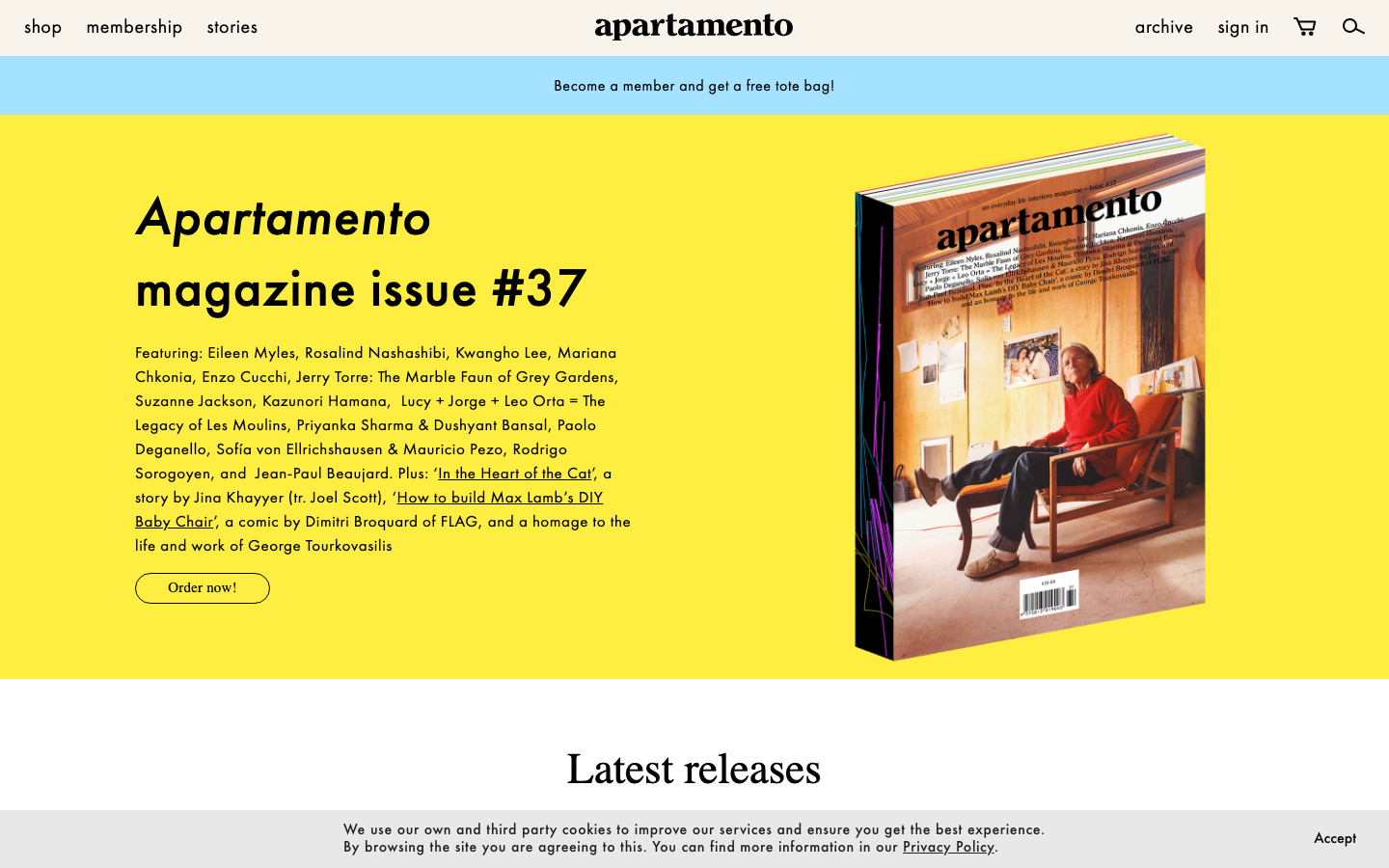 The layout prioritizes a striking visual – a magazine cover – with minimal text. The typography is clean and classic, emphasizing the title and featured content. The overall feel is sophisticated and curated. · magazine design, editorial design, minimalist magazine, publication design, flat design, typography focused, studio magazine, apartmento magazine