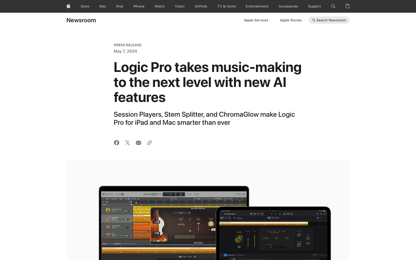 The page uses a full-bleed image of the MacBook Air to immediately showcase the product. Clean typography and ample white space create a sense of clarity and sophistication, emphasizing the product's design. · apple product page, macbook air, minimalist design, tech website, product showcase, split screen, clean interface, modern laptop