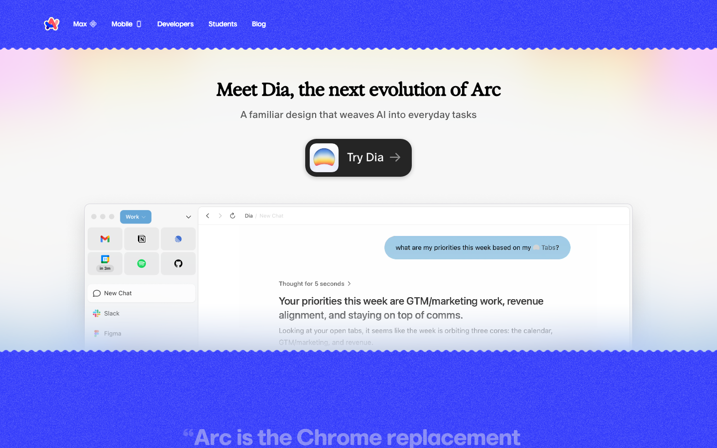 The page prioritizes a clean, functional interface with a focus on showcasing the product's capabilities through interactive elements. Typography is clean and legible, with a muted color palette emphasizing clarity and ease of use. · ai productivity, saas interface, developer tools, minimalist saas, dark mode ui, ai workflow, productivity app, arc ai, chat interface, modern saas