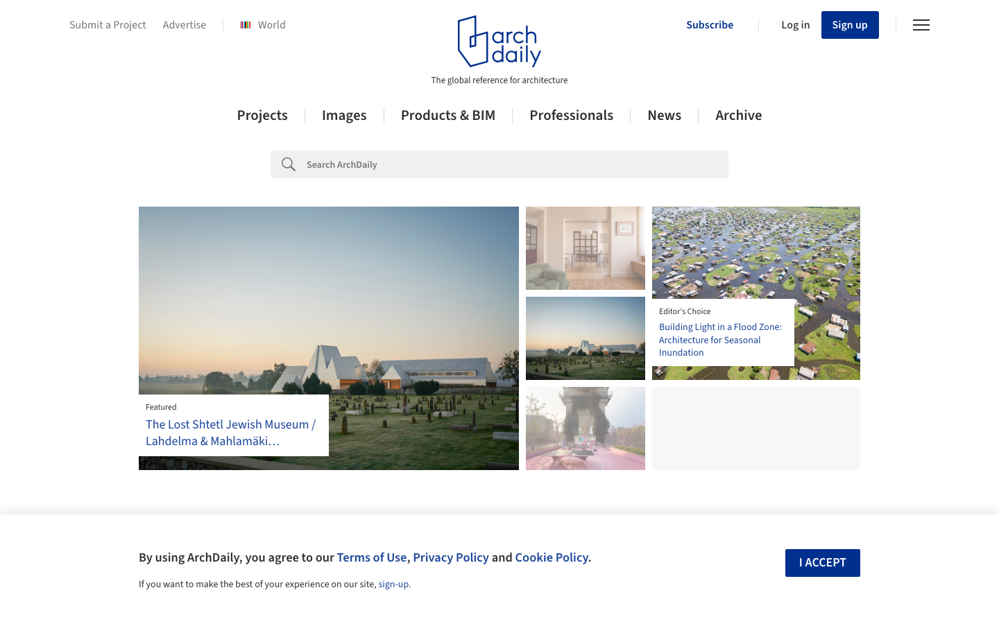 A clean, grid-based layout prioritizes visual storytelling through photography. The muted color palette and ample white space create a sense of calm authority, typical of design-focused publications. · architecture news, design blog, architectural projects, building design, contemporary architecture, archdaily, portfolio grid, design publication