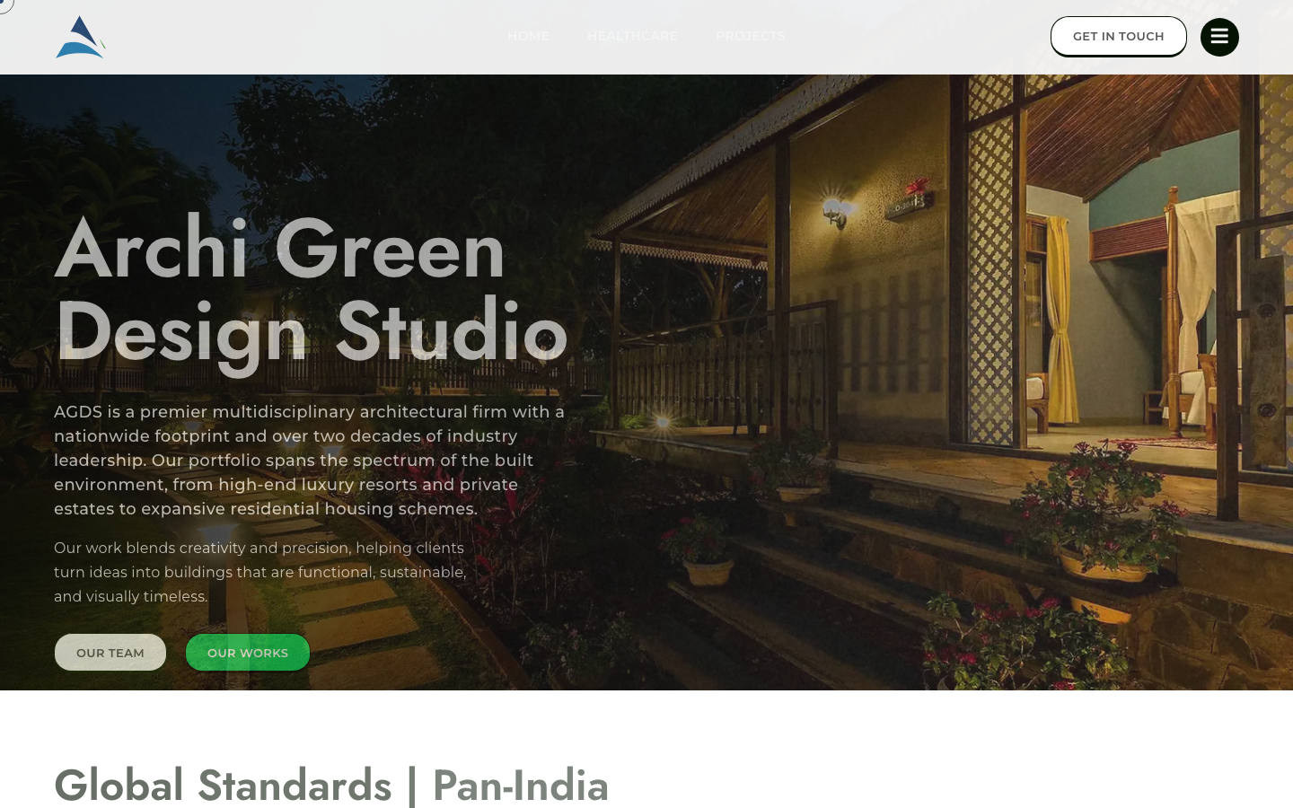 Archi green design studio — a global architecture studio shaping inspiring healthcare, residential, and commercial spaces with sustainable design and thoughtful precision. · minimalism, editorial, agency, real-estate, hospitality, hero-fullbleed, logo-cloud, hero-with-cta