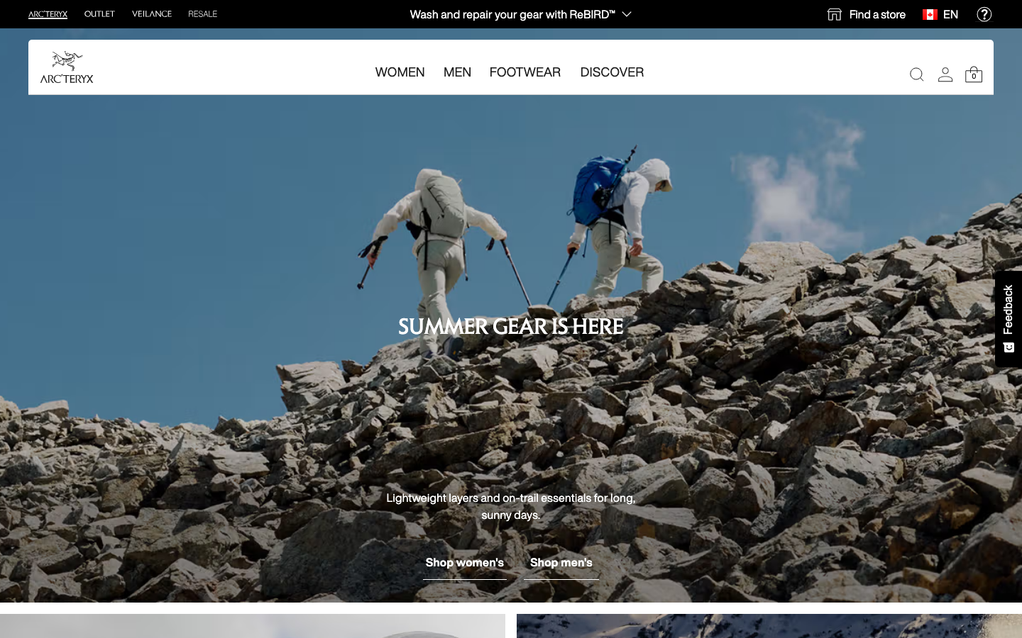 The page uses a full-bleed image to establish a sense of place and activity. Clean typography and ample negative space create a feeling of functionality and understated confidence. The overall aesthetic is practical and visually direct. · outdoor apparel, mountain climbing, technical clothing, minimalist design, adventure wear, performance gear, arcteryx summer, mountain photography