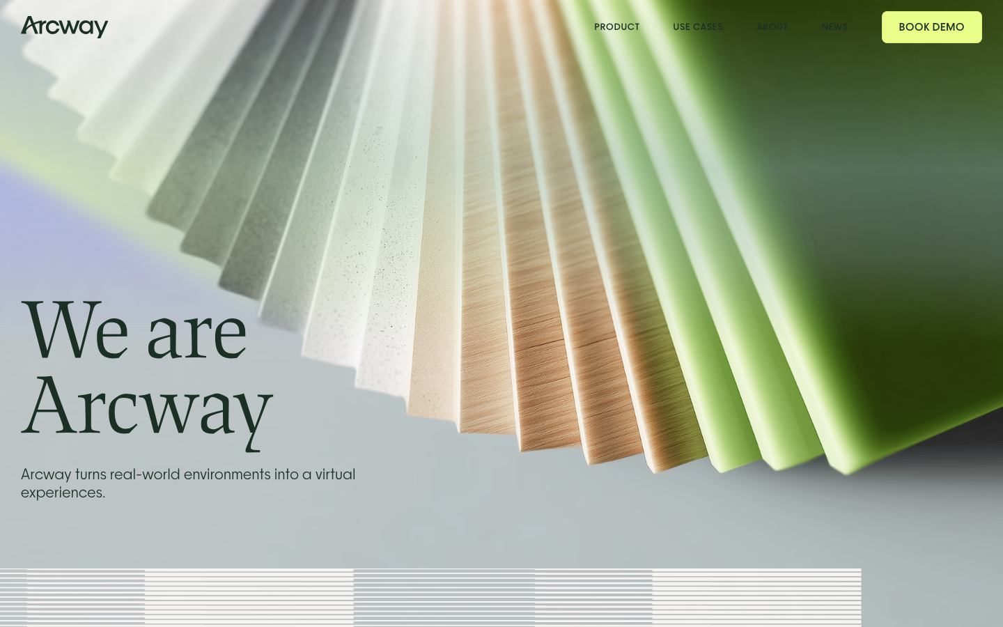 A high-end architectural aesthetic featuring a full-bleed abstract 3D render of material swatches. The layout uses a sophisticated serif typeface for the headline contrasted with a clean sans-serif for navigation and body copy. · architectural saas hero, luxury material render, editorial serif headline, minimalist ai landing page, muted earth tones design
