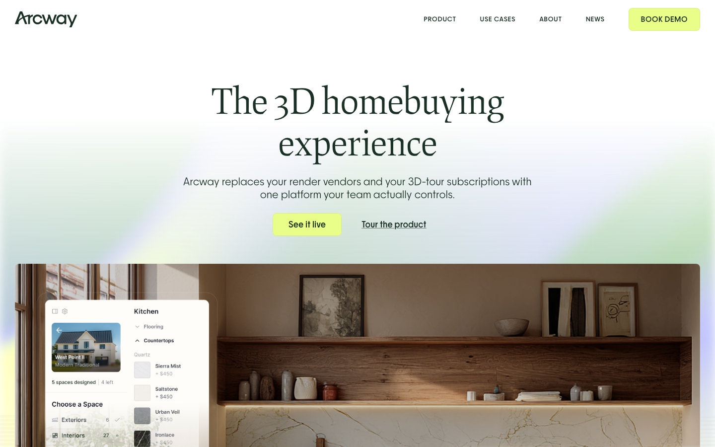 Clean, airy layout featuring a high-contrast serif headline against a soft, gradient-washed background. The design balances generous white space with a sophisticated, editorial approach to typography. · architecture saas hero, editorial serif typography, minimalist real estate web, soft gradient background, luxury proptech design
