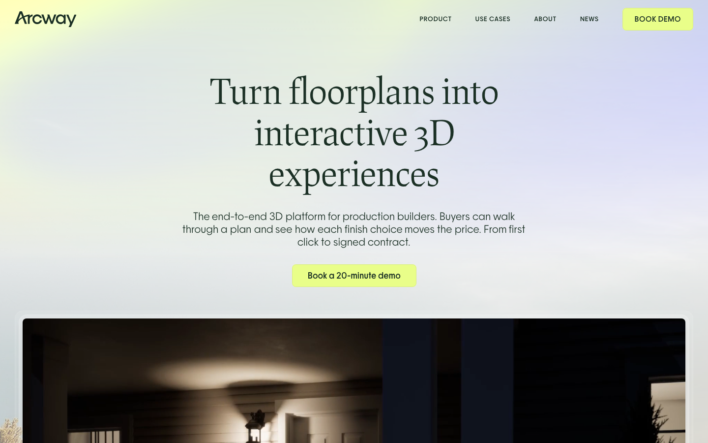 Arcway - A soft, airy composition featuring a centered serif headline and a subtle gradient background. The use of a pale lime-yellow for the CTA creates a gentle but clear focal point against the muted tones.  ·  architecture saas hero, minimalist serif typography, soft gradient background, luxe real estate landing page, muted pastel palette