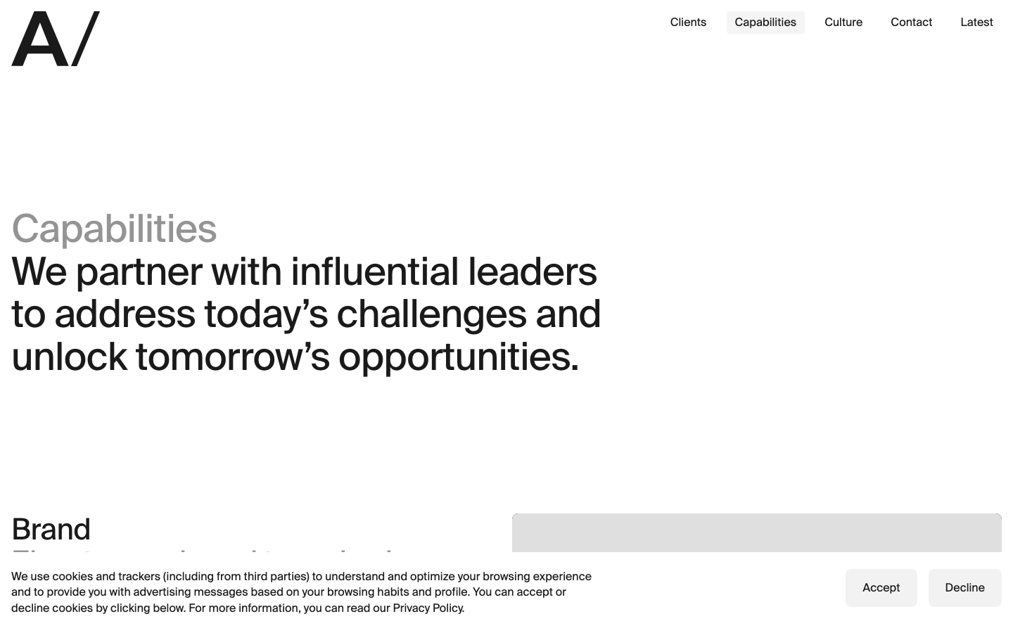 The page uses a stark white background and large, impactful typography to present a concise value proposition. The hero image is a full-bleed shot, creating a sense of scale and visual interest. The overall feel is clean and sophisticated. · agency website, ai agency, minimalist agency, split screen design, full bleed hero, white space design, modern agency, clean design