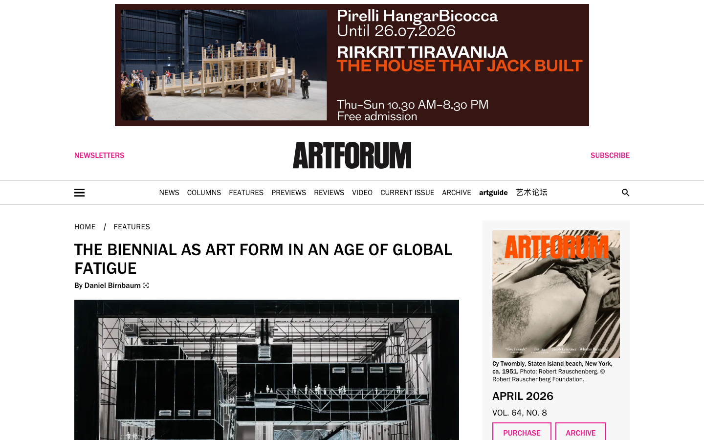 The page prioritizes visual content with a clean, grid-based layout. Typography is restrained, allowing the imagery to take center stage. The overall feel is sophisticated and authoritative, reflecting a focus on curated content. · art magazine, contemporary art, art criticism, visual culture, art news, art review, architecture, design, artforum