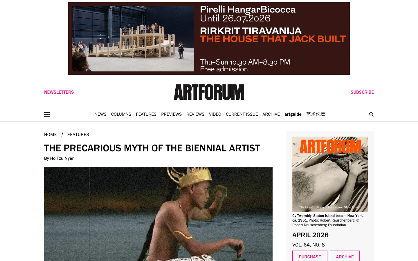 The page prioritizes visual content with a clean, grid-based layout. Typography is restrained, allowing the imagery to take center stage. The overall feel is sophisticated and authoritative, reflecting a focus on curated content. · art magazine, contemporary art, art criticism, visual culture, art news, art review, architecture, design, artforum