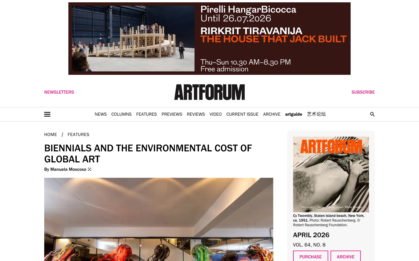 The page prioritizes visual content with a clean, grid-based layout. Typography is restrained, allowing the imagery to take center stage. The overall feel is sophisticated and authoritative, reflecting a focus on curated content. · art magazine, contemporary art, art criticism, visual culture, art news, art review, architecture, design, artforum