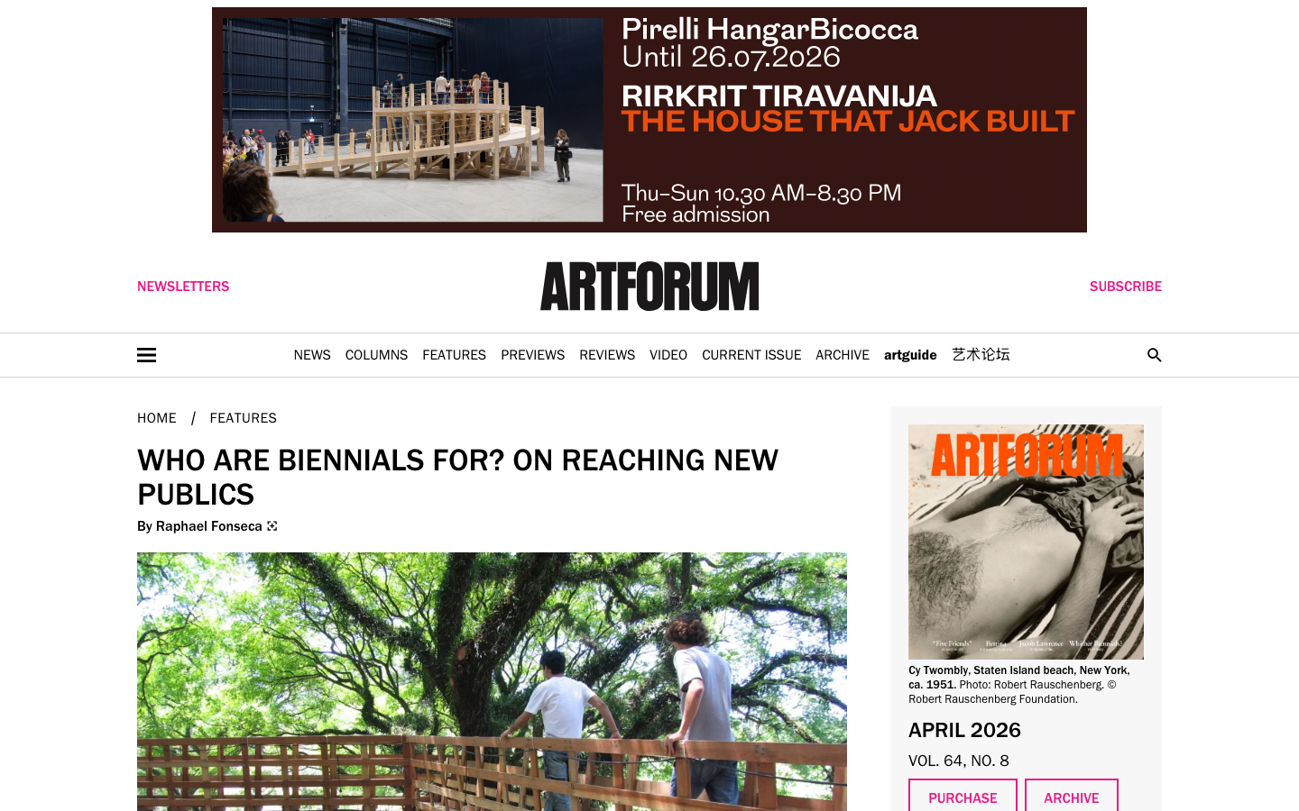 The page prioritizes visual content with a clean, grid-based layout. Typography is restrained, allowing the imagery to take center stage. The overall feel is sophisticated and authoritative, reflecting a focus on curated content. · art magazine, contemporary art, art criticism, visual culture, art news, art review, architecture, design, artforum