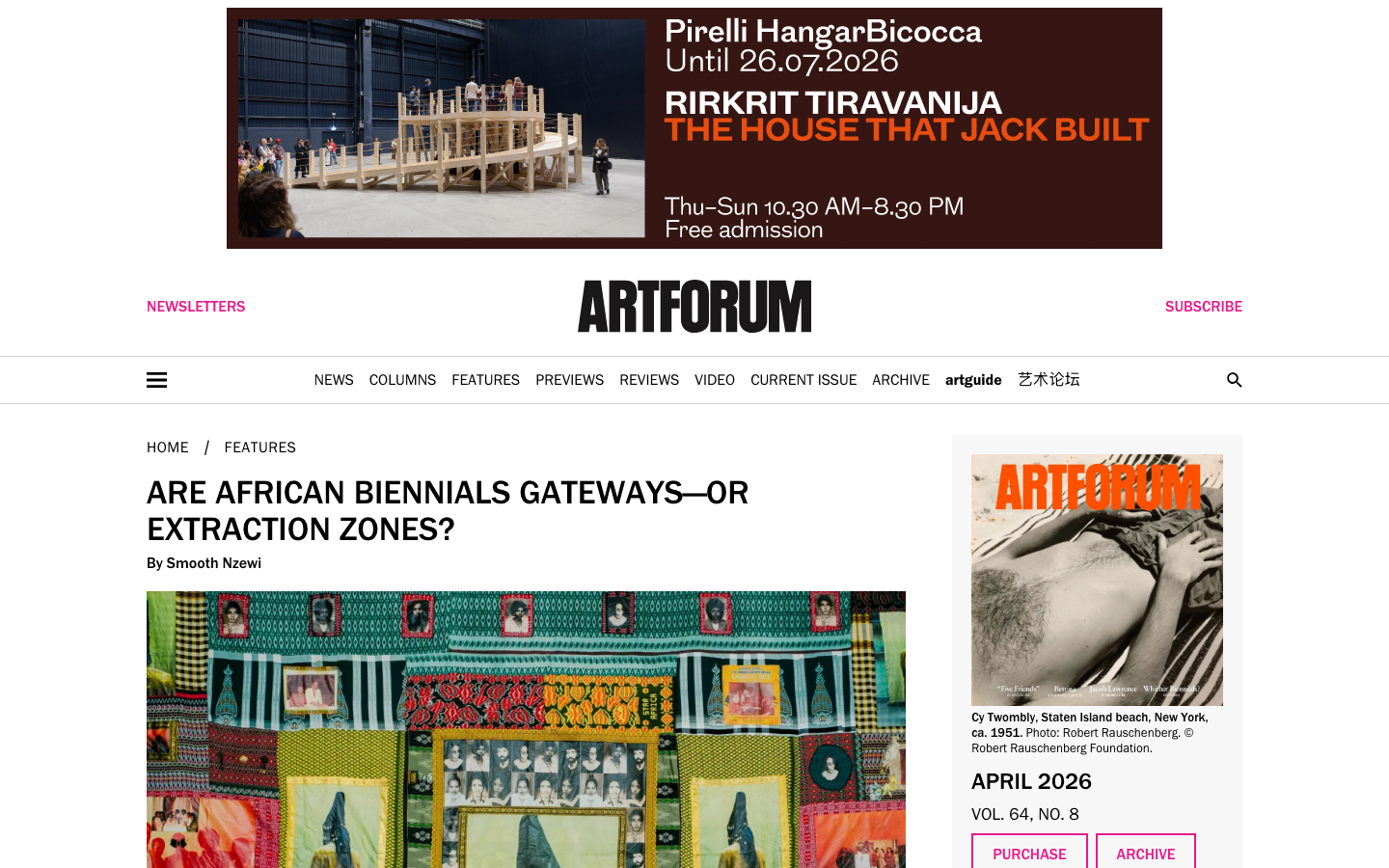 The page prioritizes visual content with a clean, grid-based layout. Typography is restrained, allowing the imagery to take center stage. The overall feel is sophisticated and authoritative, reflecting a focus on curated content. · art magazine, contemporary art, art criticism, visual culture, art news, art review, architecture, design, artforum