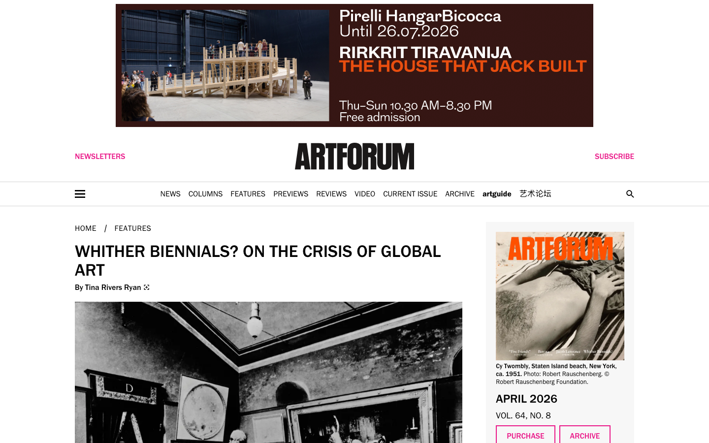 The page prioritizes visual content with a clean, grid-based layout. Typography is restrained, allowing the imagery to take center stage. The overall feel is sophisticated and authoritative, reflecting a focus on curated content. · art magazine, contemporary art, art criticism, visual culture, art news, art review, architecture, design, artforum