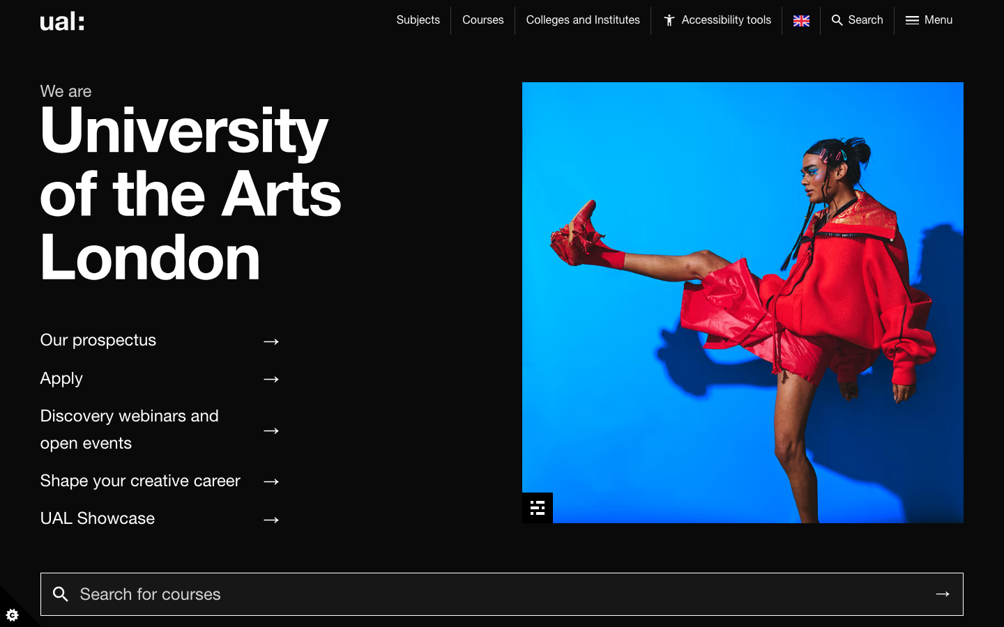 Arts Ac Uk - A striking, full-bleed image dominates the viewport, establishing a strong visual presence. Clean typography and ample negative space create a sense of sophistication and focus on the visual content.  ·  university photography, arts education website, modern university design, full screen image, minimalist portfolio, editorial website, black and white logo