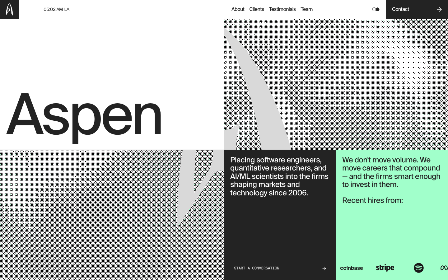 A rigid four-quadrant grid layout utilizing high-contrast blocks and halftone dot patterns. The typography is a clean, oversized sans-serif that emphasizes a structured, architectural feel.  ·  swiss design grid, halftone pattern web, high contrast layout, minimalist executive search, quadrant hero section, brutalist fintech