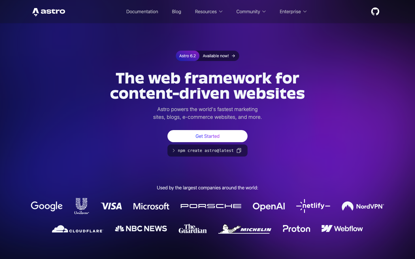 The design prioritizes clarity and functionality through a restrained palette of deep purples and stark white. Typography is clean and geometric, emphasizing the technical nature of the product. The overall feeling is precise and efficient. · javascript framework, web development, astro build, technical website, dark theme, developer tools, minimalist design, modern web, static site, content-driven