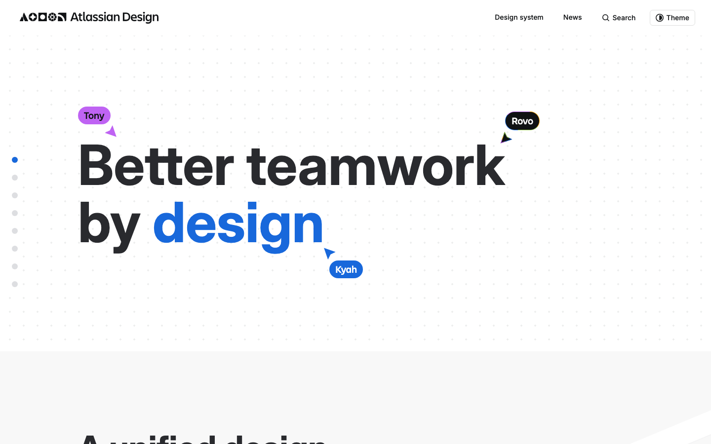 The page uses a clean, spacious layout with ample negative space. Typography is a mix of bold and lighter weights, creating a clear hierarchy. The color palette is restrained, relying on muted tones and a pop of bright blue to highlight key phrases. · design system, atlassian design, teamwork design, minimalist design, editorial design, saas design, developer tools, design agency
