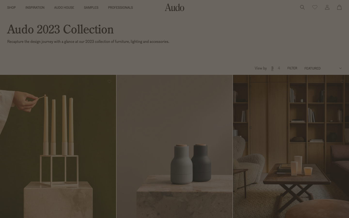 The page uses a full-bleed image to establish a mood, with minimal text overlay. The color palette is muted and earthy, creating a sense of understated elegance. Typography is clean and legible, prioritizing visual impact over extensive information. · minimalist portfolio, soft branding, editorial website, muted color palette, fullbleed image, calm aesthetic, studio website, clean typography, decade retrospective, audocph