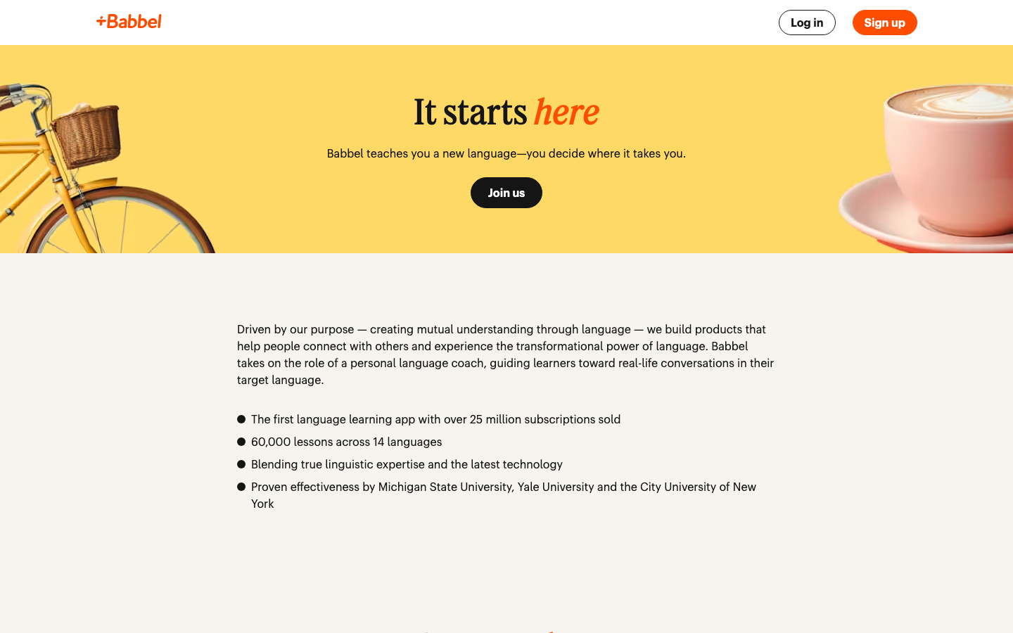 The layout uses a varied bento grid to showcase different language learning options and related content. The color palette is soft and inviting, with ample white space and friendly illustrations. Typography is clean and approachable, prioritizing readability. · language learning, online courses, babbel, education website, language apps, cultural history, weekend plans