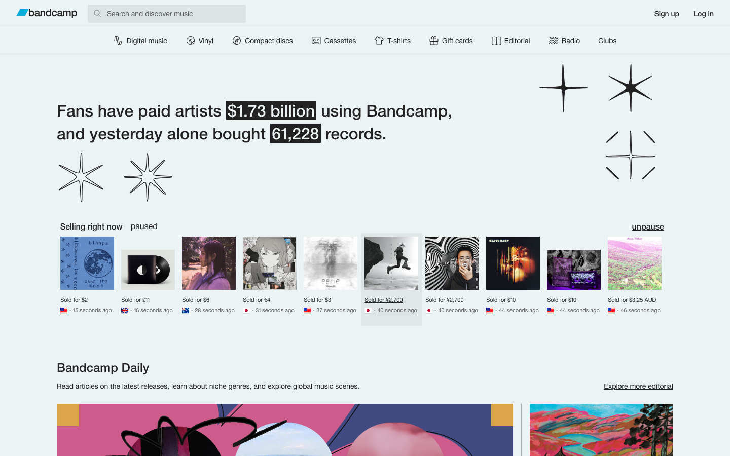 Bandcamp - The page uses a clean, grid-based layout to showcase artists and their music. The muted color palette and ample white space create a sense of calm and sophistication, prioritizing the visual presentation of the music releases.  ·  music marketplace, independent music, artist platform, digital music, bandcamp daily, music discovery, online music store, music sales