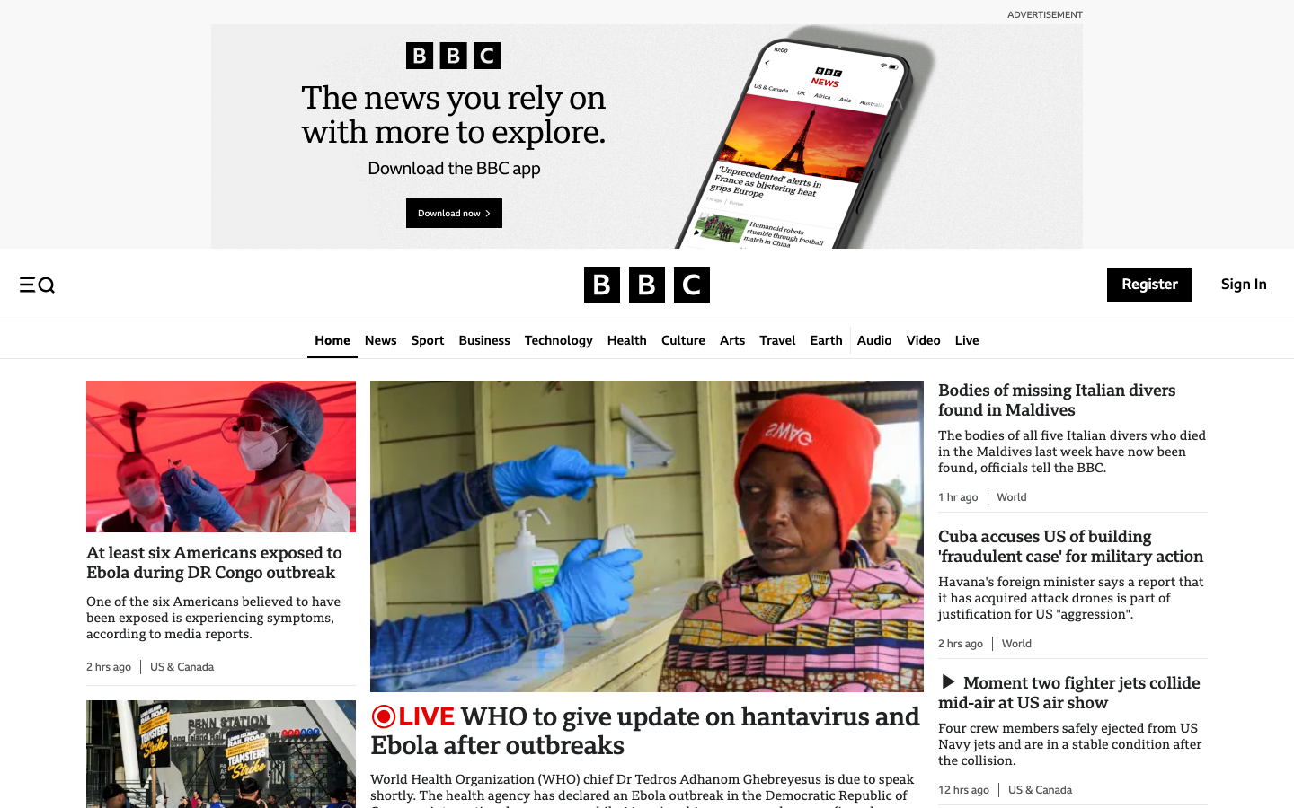 The page prioritizes delivering a high volume of news content with a clean, structured layout. Visual hierarchy is established through image size and placement, creating a sense of urgency and importance. Typography is clear and functional, supporting readability. · news website, media design, editorial layout, clean design, bbc homepage, news portal, article grid, minimalist news, information architecture