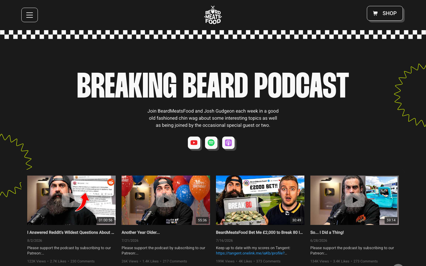 High-impact dark mode layout featuring massive, bold sans-serif typography and a racing-inspired checkered border. The design uses a stark black and white palette with a grid of video thumbnails below the fold. · dark mode creator page, bold typography hero, brutalist podcast layout, high contrast video grid, black and white media site