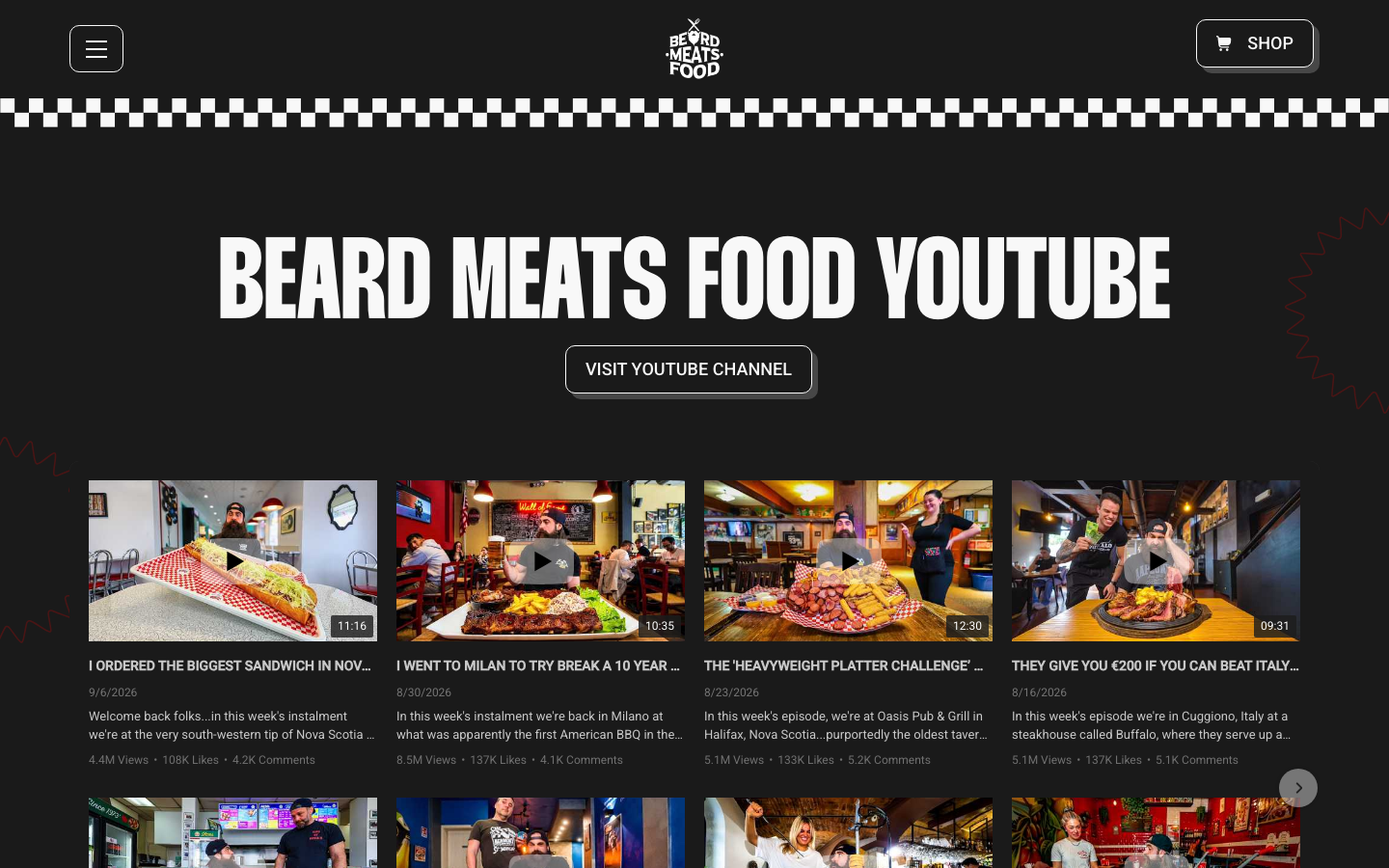 High-impact dark theme featuring massive sans-serif typography and a racing-inspired checkered border. The layout transitions from a bold, centered hero call-to-action into a dense grid of video thumbnails. · creator landing page, dark mode video grid, bold typography hero, high contrast food site, maximalist creator layout