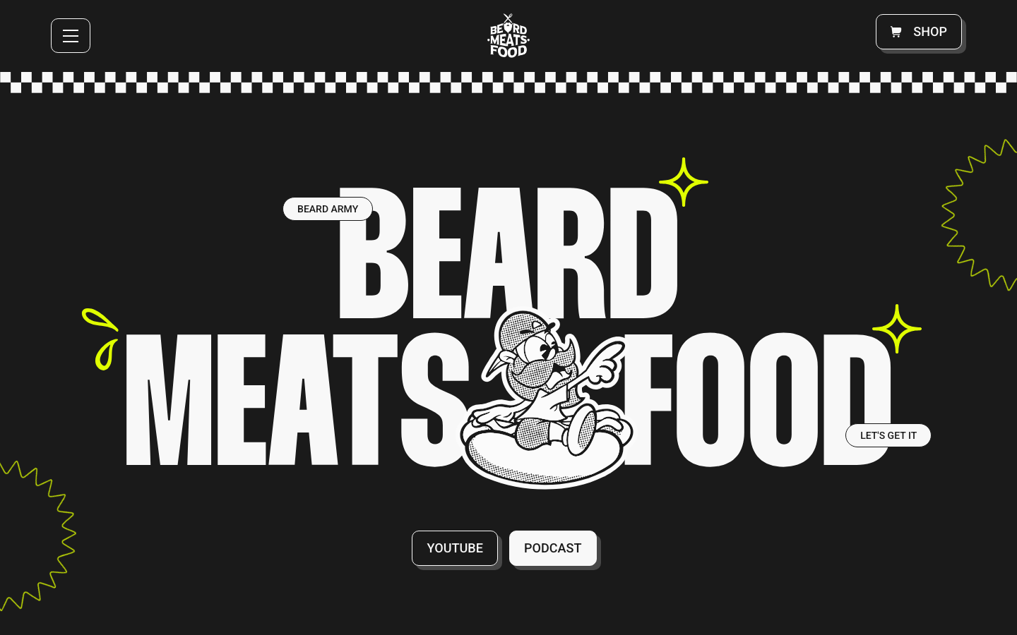 High-contrast black and white palette with heavy, distorted display typography. Comic-style illustrations and jagged yellow accents create a loud, energetic brand presence. · brutalist creator site, high contrast typography, comic style web design, bold display type hero, dark mode food brand