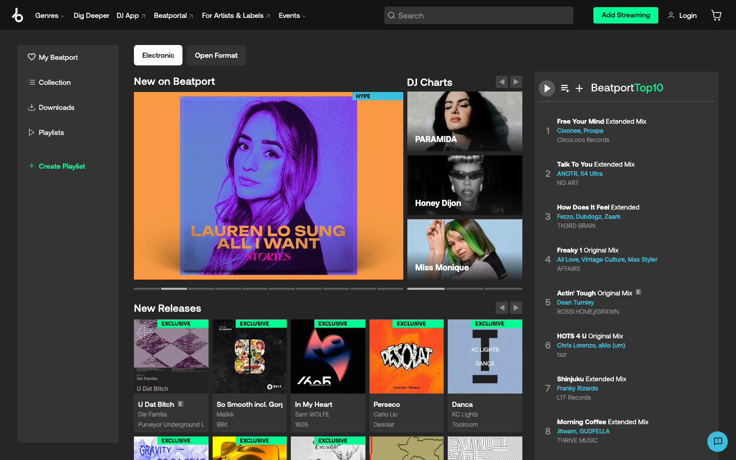 Beatport - The layout uses a dark background with vibrant accent colors to highlight new releases and featured content. The grid structure is clean and organized, prioritizing visual discovery of music.  ·  music store, electronic music, dj platform, music discovery, beatport, dark interface, music charts