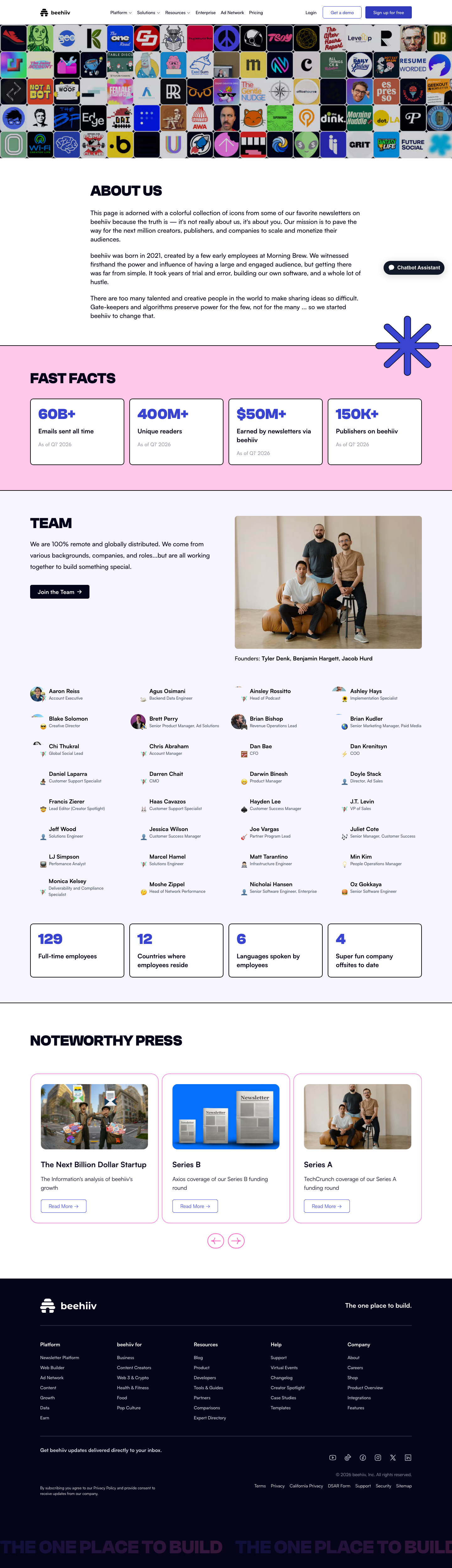 Beehiiv — About - full page scroll