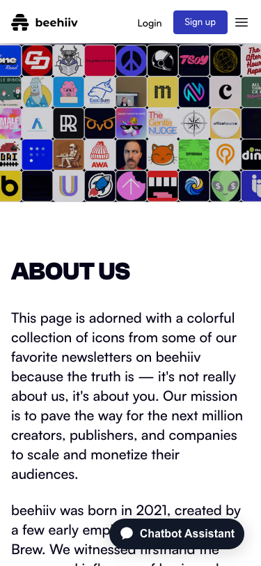 Beehiiv — About - mobile