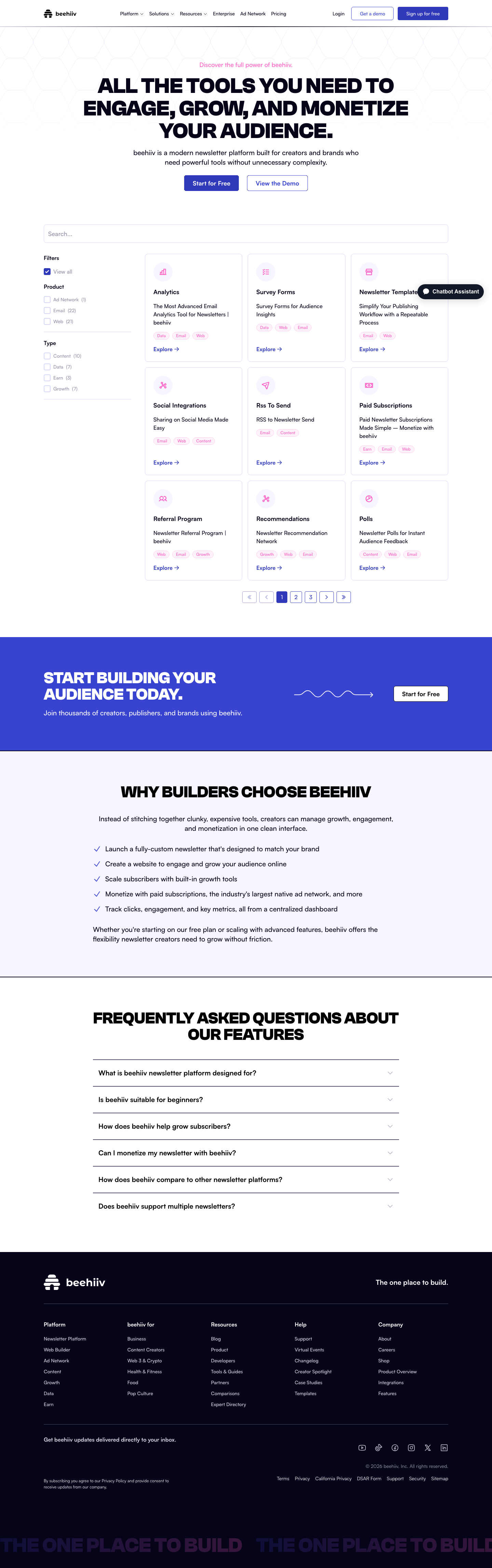 Beehiiv — Features - full page scroll
