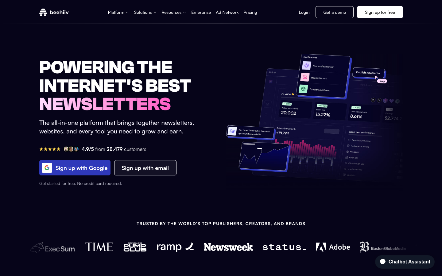 The design prioritizes clarity and functionality with a dark color palette and ample negative space. Typography is clean and assertive, emphasizing key messaging and calls to action. Visual hierarchy is established through size and weight. · newsletter platform, saas dark theme, marketing tools, email marketing, web design, productivity, creator tools, dark ui, tech website