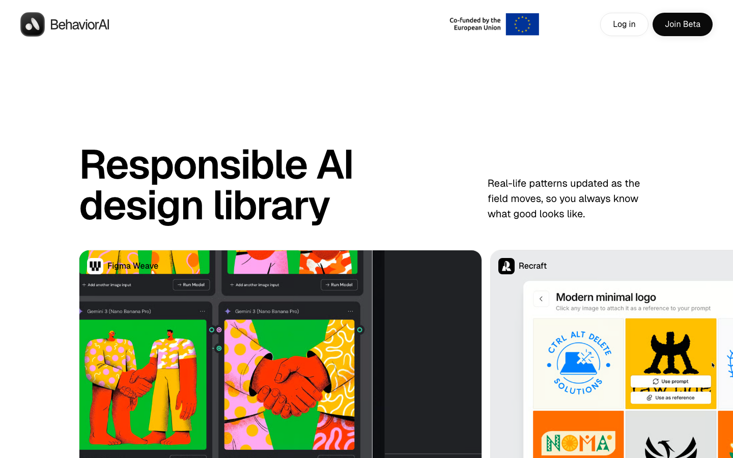 Real-life AI patterns updated as the field moves with the responsible AI context, so you always know what good looks like. · minimalism, swiss, monochrome, ai, developer-tools, saas, hero-with-cta, logo-cloud, feature-trio