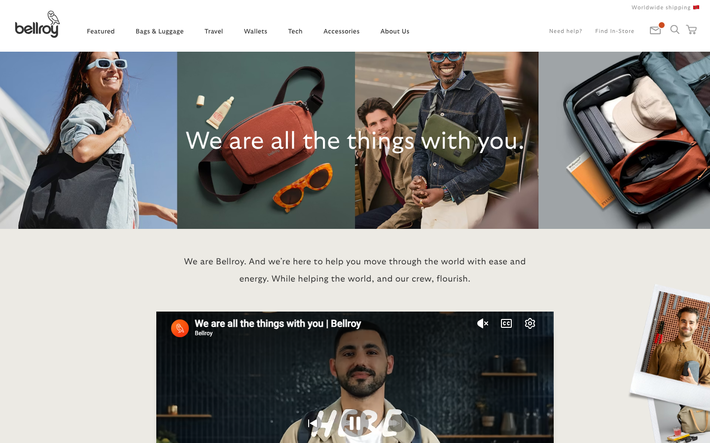 The hero image uses a full-bleed shot of a person walking with luggage, establishing a sense of travel. The layout is clean and spacious, with a clear call to action. Typography is understated, prioritizing readability and a sense of calm. · travel bags, minimalist luggage, premium travel, sustainable travel, everyday carry, functional design, bellroy travel