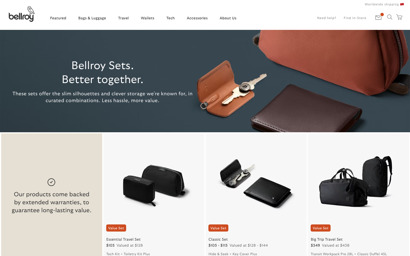 The hero image uses a full-bleed shot of a person walking with luggage, establishing a sense of travel. The layout is clean and spacious, with a clear call to action. Typography is understated, prioritizing readability and a sense of calm. · travel bags, minimalist luggage, premium travel, sustainable travel, everyday carry, functional design, bellroy travel