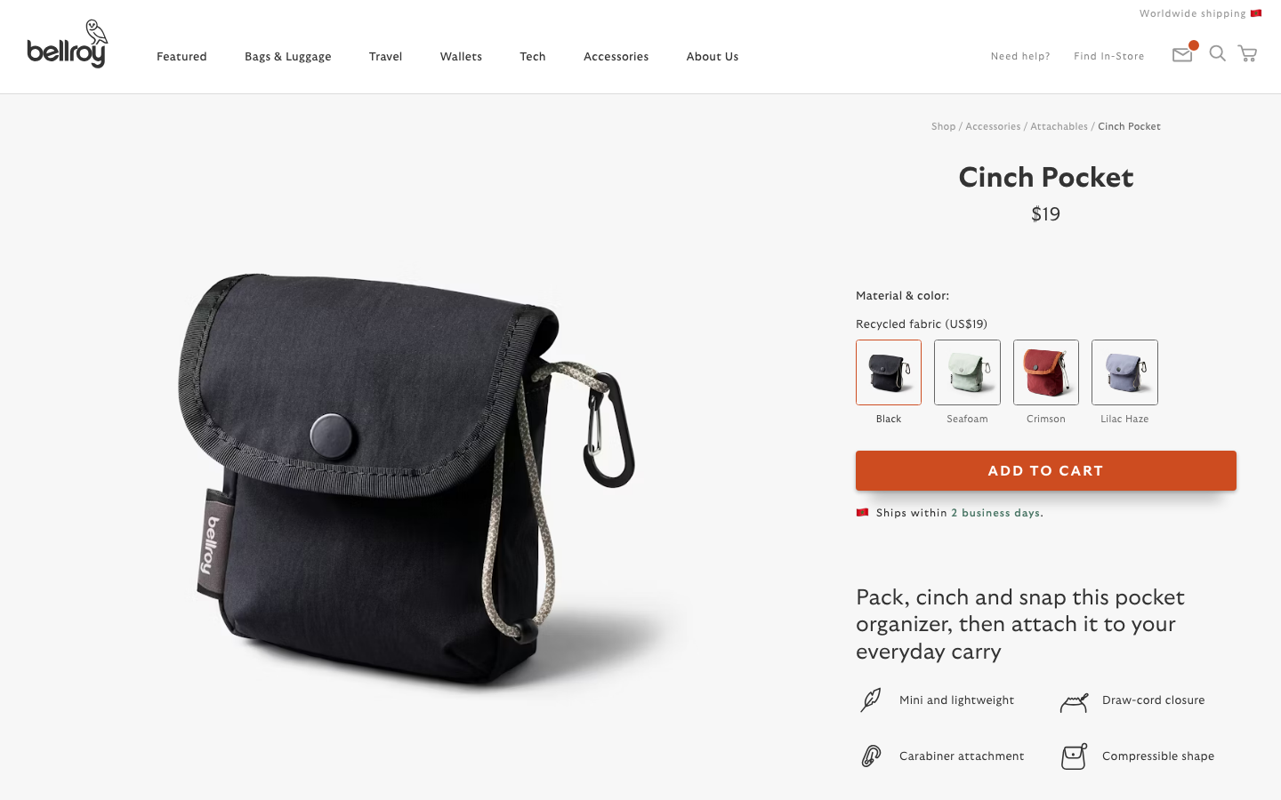 The hero image uses a full-bleed shot of a person walking with luggage, establishing a sense of travel. The layout is clean and spacious, with a clear call to action. Typography is understated, prioritizing readability and a sense of calm. · travel bags, minimalist luggage, premium travel, sustainable travel, everyday carry, functional design, bellroy travel